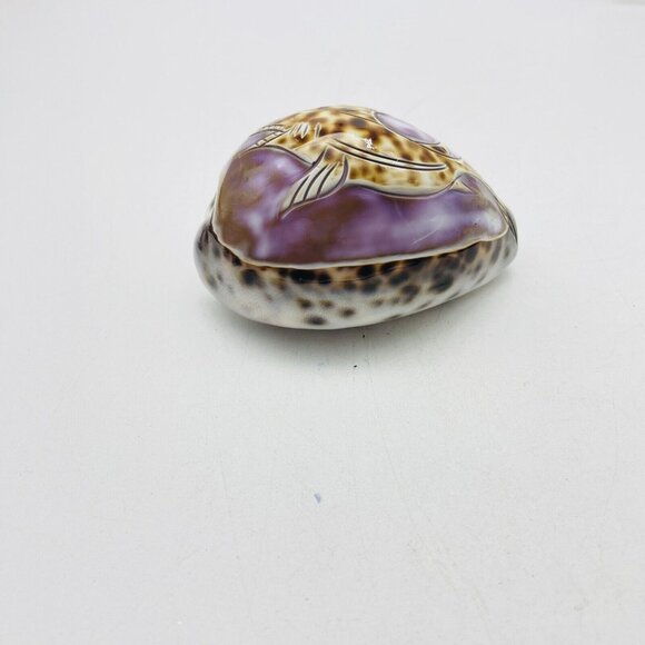 Cowrie Sea Shell Purple Top Hand Carved Engraved Swimming Shark Fish Beach Coast - Picture 2 of 9